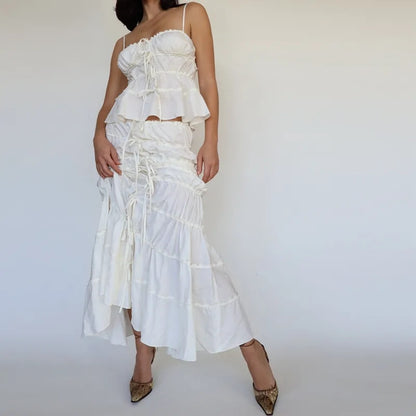 2PCS White Ruffle Camisole + High Waist Long Skirt