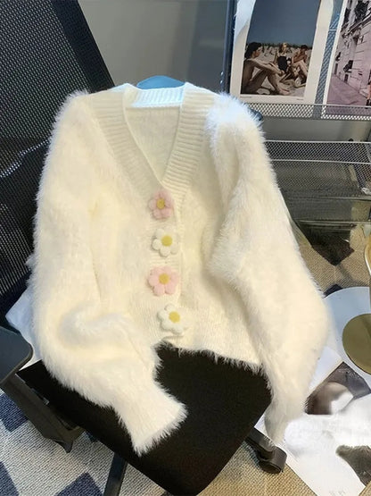 Fluffy Flower Button Cardigan