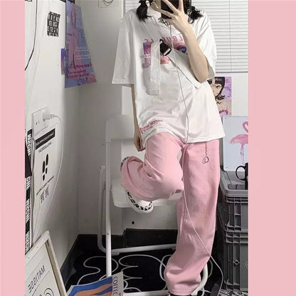 Cute Pink Baggy Oversized Loose Low Rise Wide Leg Denim Pants Trousers Aesthetic Casual Summer E-Girl Kawaii Korean Japanese Harajuku