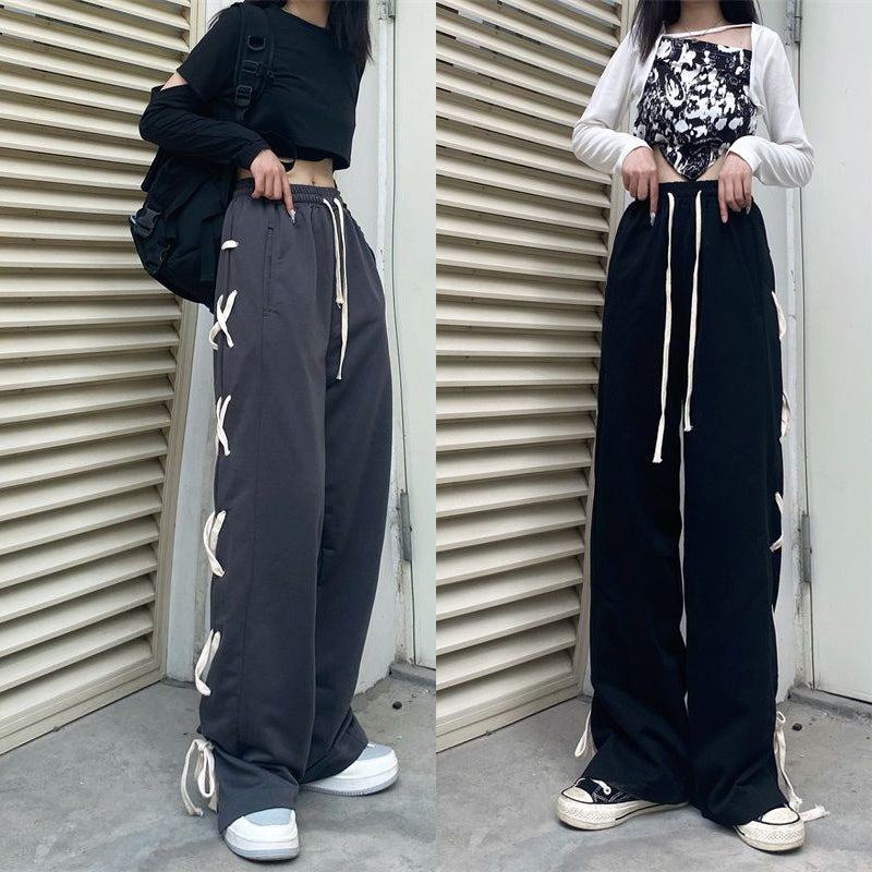 Black Side Bow Bandage High Waist Trousers