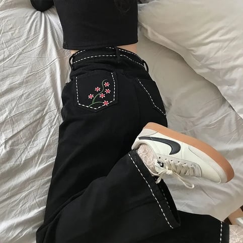 Floral Embroidery Black Cotton Pants