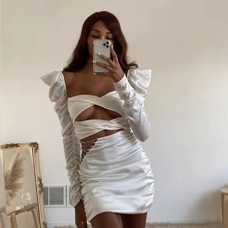 Cute Diamond Ruched Bandage Lace Up Hollow Out Long Sleeve Bodycon Dress Summer Party Club Aesthetic E-Girl Kawaii Korean Japanese Harajuku