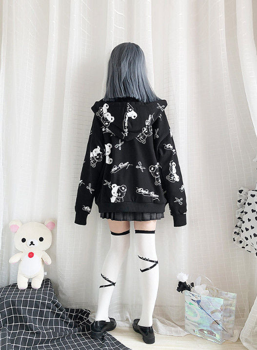 Teddy Bear Scissors Print Hoodie Zip Up Sweater Sweatshirt Long Sleeve Pullover Jumper Goth Punk E-Girl Kawaii Korean Japanese Harajuku Streetwear