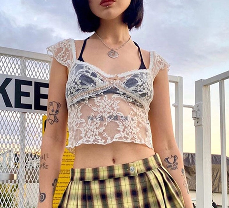 Cute Transparent Lace Mesh Sweet Crop Top Short Sleeve Shirt Tee T-shirt E-Girl Kawaii Korean Japanese Harajuku Chinese Retro Streetwear Aesthetic