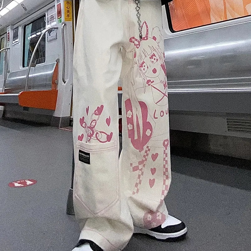 Anime Girl Print Wide Leg Pants