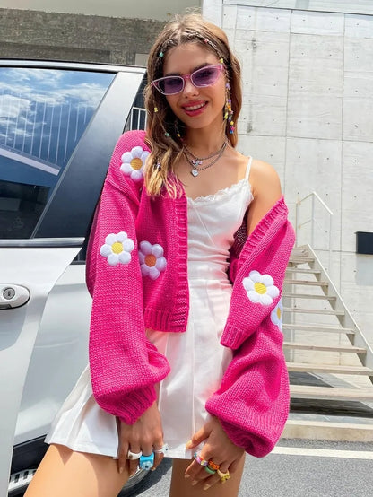 Floral Crochet Knit Lantern Sleeve Cardigan