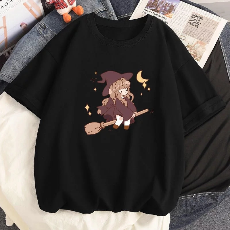 Cute Witch Anime Girl Cresent Moon Print Oversized Short Sleeve Shirt Summer Aesthetic Casual E-Girl Kawaii Korean Japanese Harajuku