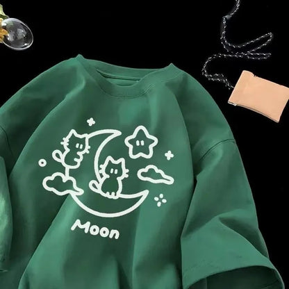Cat Moon Print Short Sleeve T-shirt