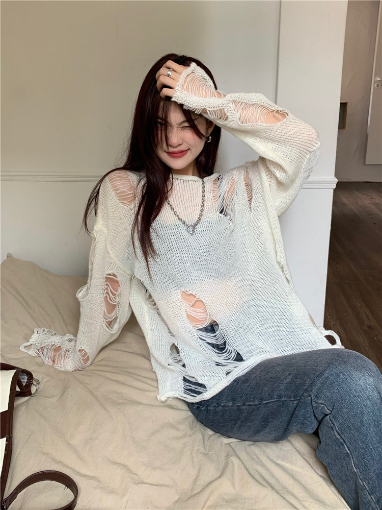 White Hole Ripped Long Sleeve Sweater