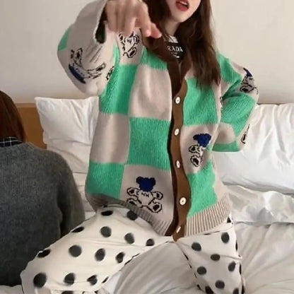 Green & Brown Teddy Bear Patchwork Sweater