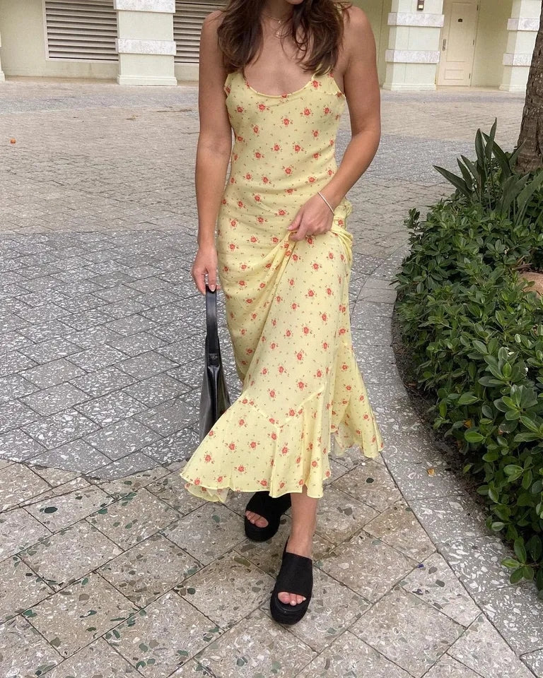 Yellow Floral Print Maxi Dress