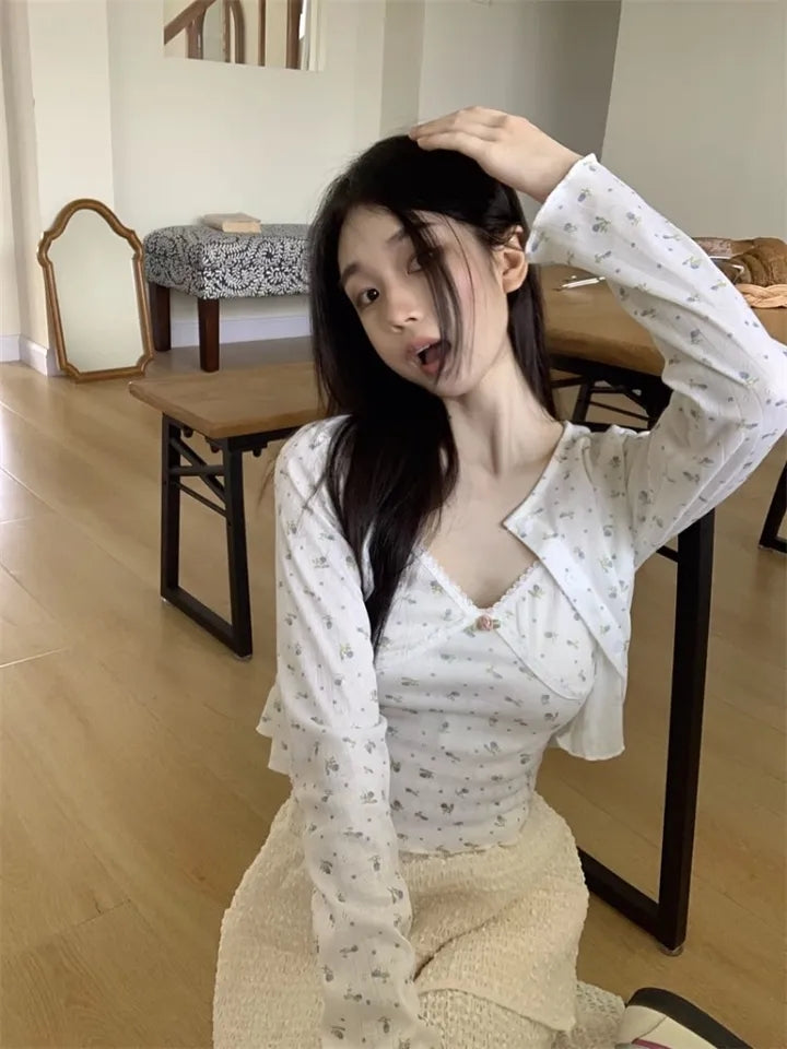 2PCS Floral Crop Top + Cardigan