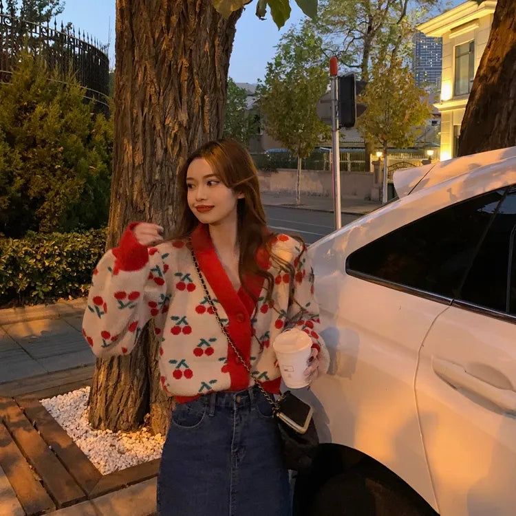 Cherry Print Soft Knit Cardigan