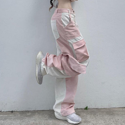 Pink Contrast Patchwork Cargo Pants