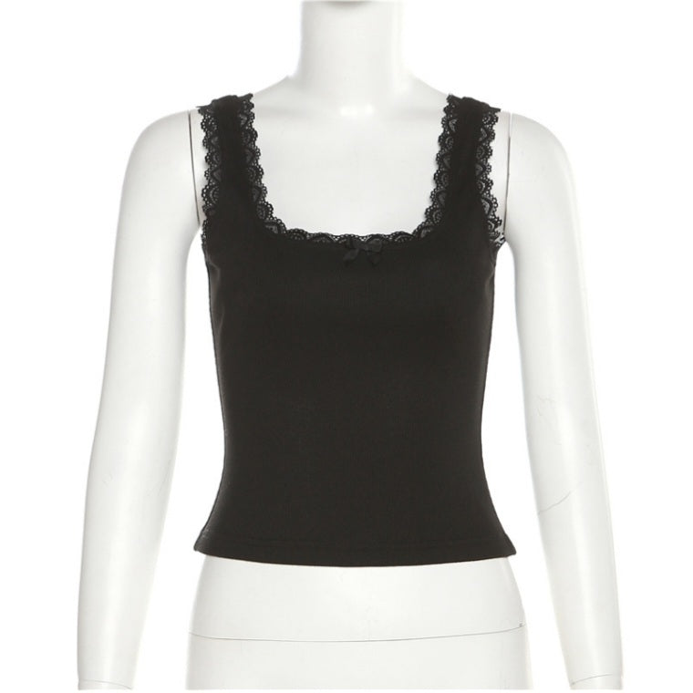 Black Bow Lace Trim Tank Top
