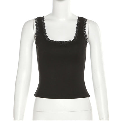 Black Bow Lace Trim Tank Top