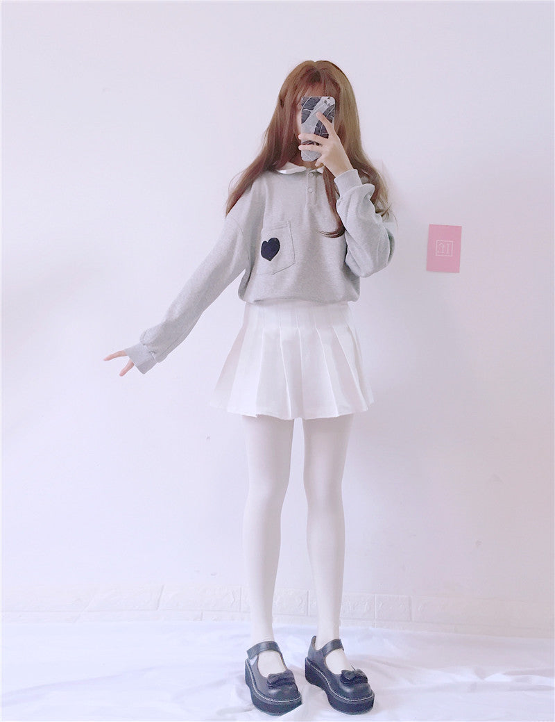 Cute Heart Embroidery Pocket Oversized Sweater Long Sleeve Shirt Pullover Hoodie Sweatshirt E-Girl Kawaii Korean Japanese Harajuku Retro Streetwear