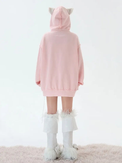 Pink Fluffy Cat Ears Letter Print Sweatshirt