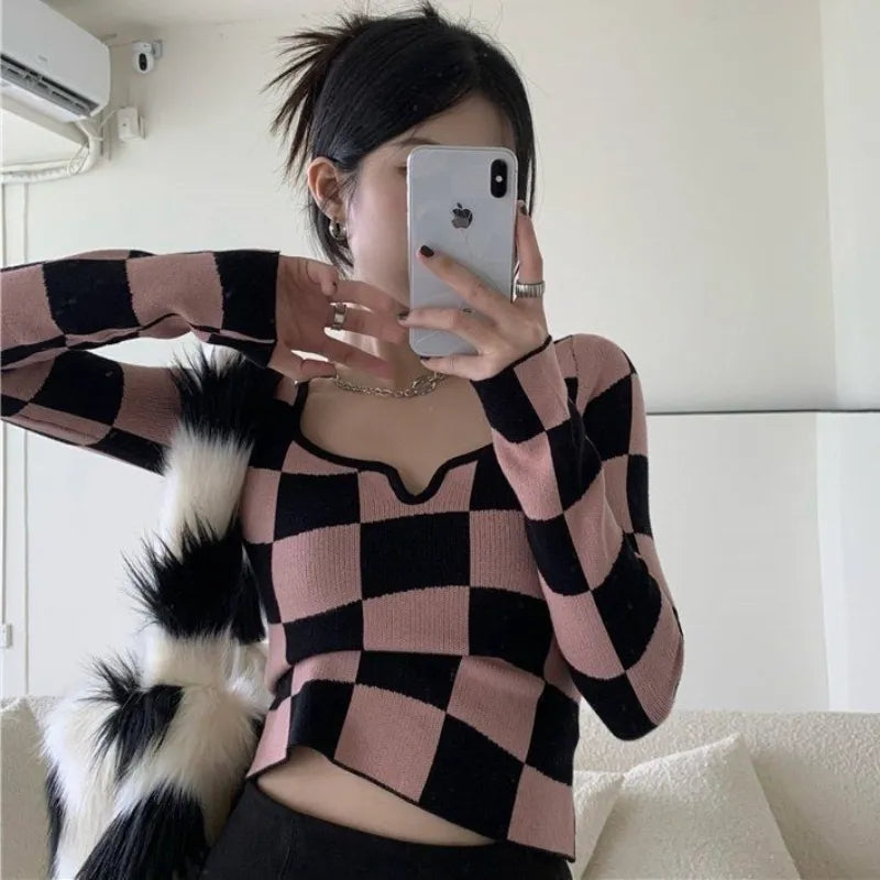 Pink & Black Checkboard Knit Sweater
