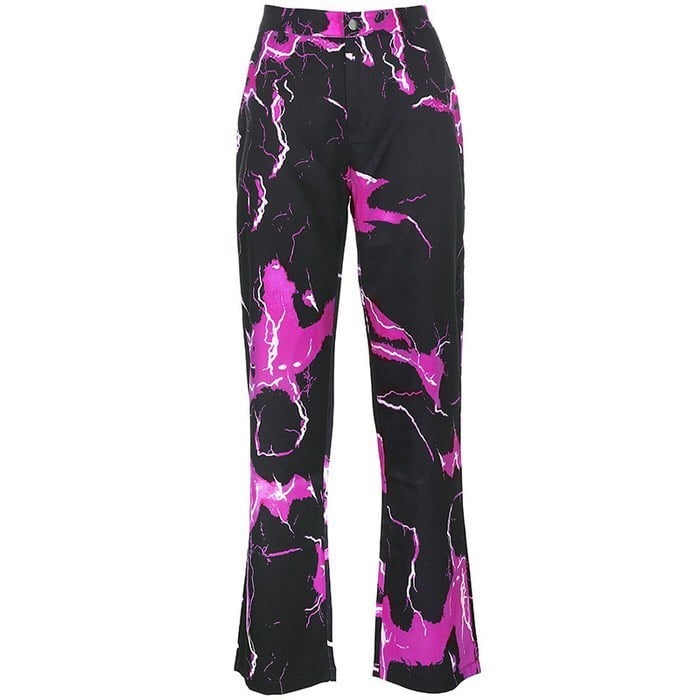 Cute Retro Vintage 90s Funky Lightning High Waisted Cargo Trousers Pants Colorful Print Aesthetic E-Girl Kawaii Korean Japanese Harajuku Streetwear