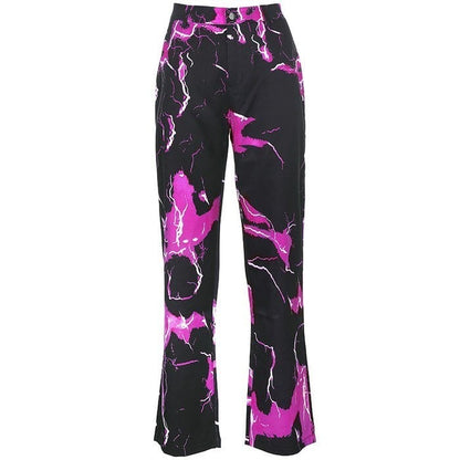 Cute Retro Vintage 90s Funky Lightning High Waisted Cargo Trousers Pants Colorful Print Aesthetic E-Girl Kawaii Korean Japanese Harajuku Streetwear