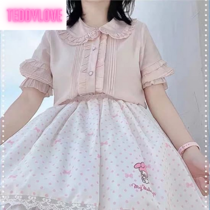 Cute Sweet Pastel Pink Anime Japanese Cartoon Pleated High Waisted Mini Skirt