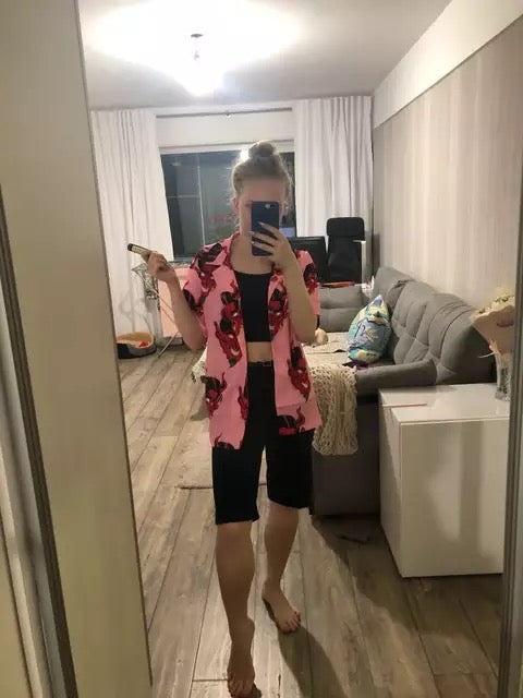 Summer Pink Purple Devil Print Button Down Casual Loose Short Sleeve Tee Shirt T-shirt Top E-Girl Kawaii Korean Japanese Harajuku Streetwear
