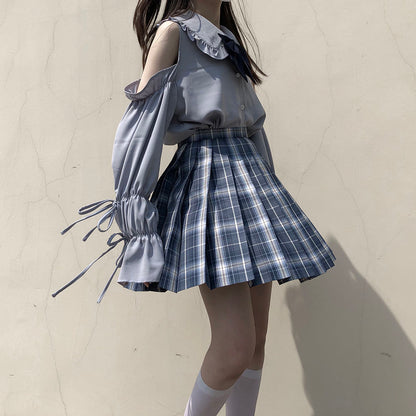 Blue Peterpan Collar Bow Lantern Long Sleeve Shirt