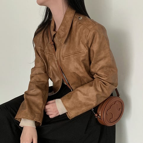 Brown PU Leather Turn Down Collar Zipper Jacket