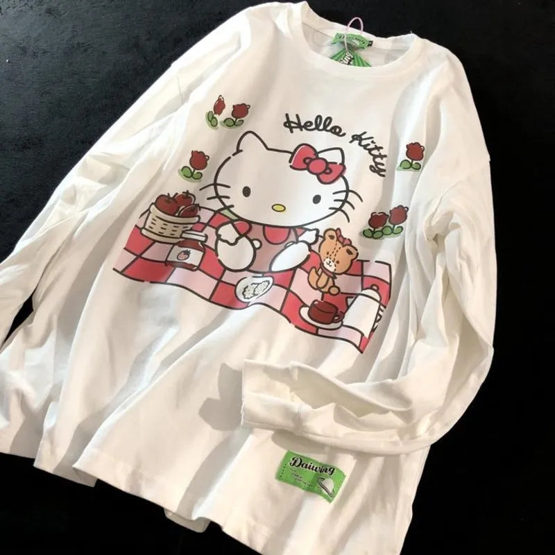 Cat Japanese Anime Print Long Sleeve Shirt