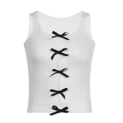 White Ribbed Tank Top with Black Bows
