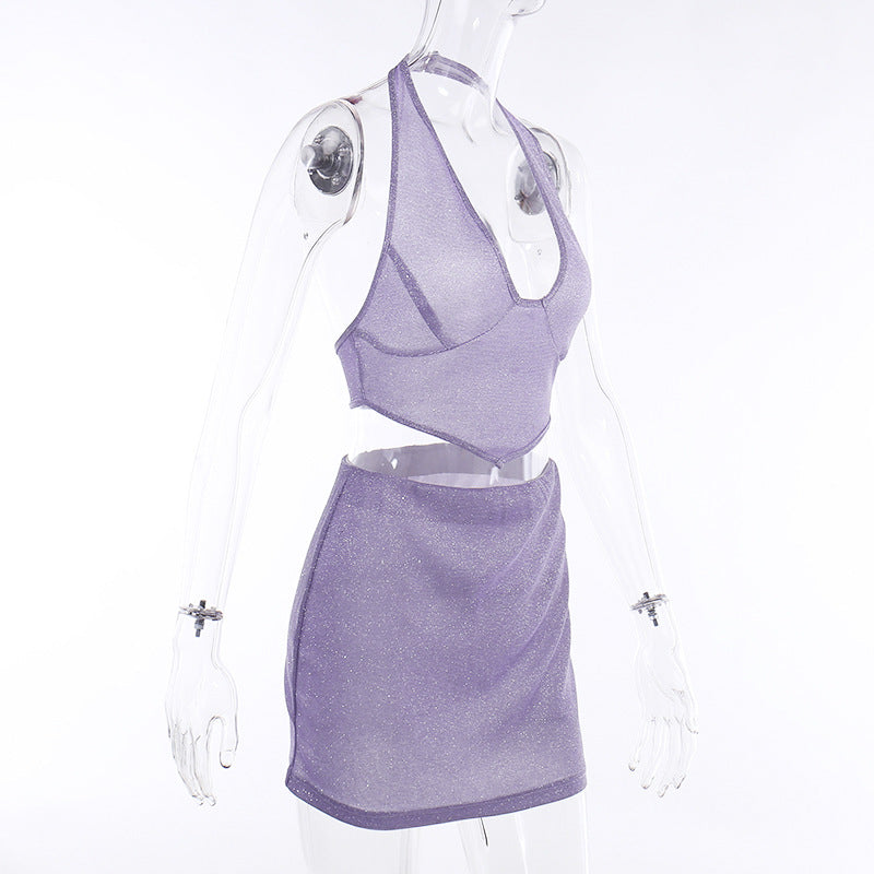 2PCS Purple Shimmer V Neck Dress