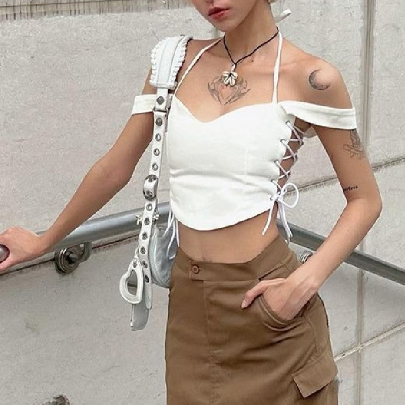 White V Neck Side Tie Up Crop Top
