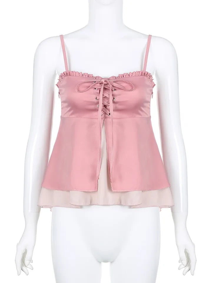 Pink Ruffle 2 Layer Satin Tank Top