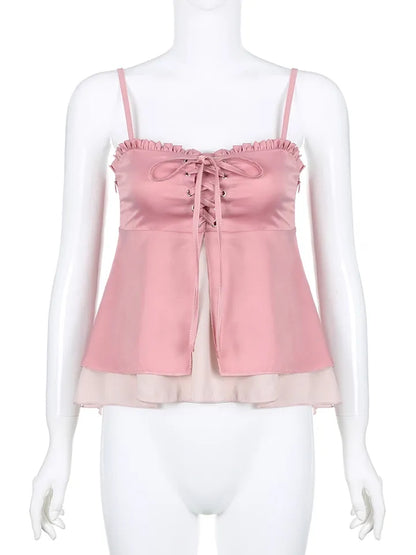 Pink Ruffle 2 Layer Satin Tank Top