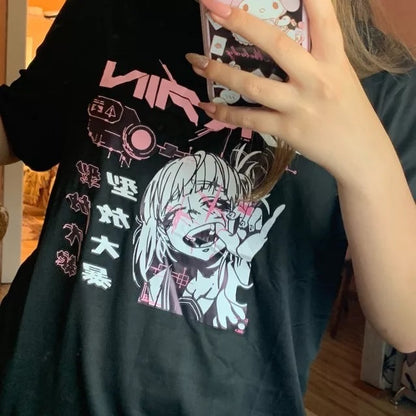 Cute Japanese Girl Punk Goth Print Graphic Casual Short Sleeve Shirt Tee T-shirt E-Girl Kawaii Korean Japanese Harajuku Retro Streetwear Aesthetic