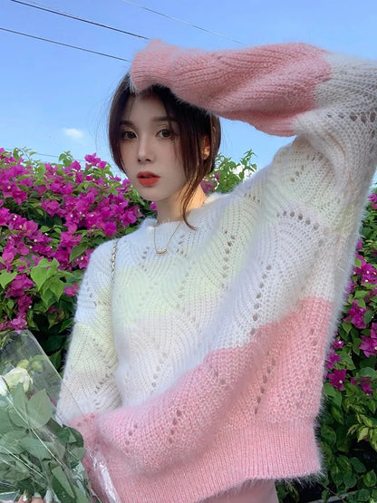 Pink Ombre Hollow Out Sweater