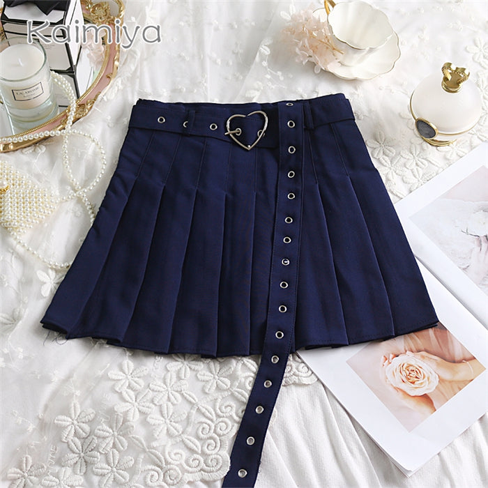 Cute Preppy Summer Pleated Heart Shape Belt High Waist Mini Skirt Bottom E-Girl Kawaii Korean Japanese Harajuku Chinese Retro Streetwear Aesthetic