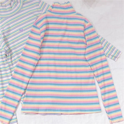 Cute Heart Sweet Rainbow Pastel Turtleneck Stripe Knit Long Sleeve Shirt Top Pullover Sweater E-Girl Kawaii Korean Japanese Harajuku Retro Streetwear
