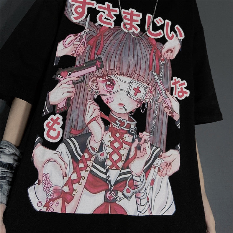 Cute Japanese Girl Punk Goth Print Oversized Short Sleeve Shirt Tee T-shirt E-Girl Kawaii Korean Japanese Harajuku Retro Streetwear Aesthetic