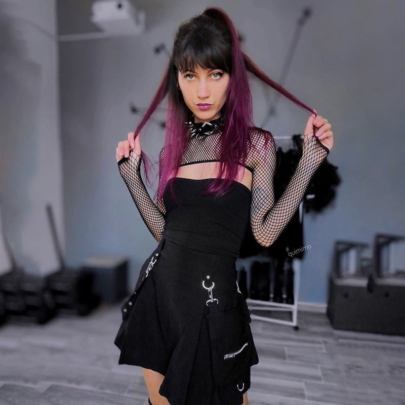 Cute Sexy Punk Goth Black High Waist Mini Skirt Patchwork Bandage Bottom E-Girl Kawaii Korean Japanese Harajuku Chinese Retro Streetwear Aesthetic