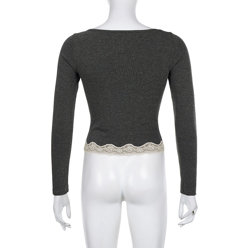 Grey Patchwork Square Neck Collar Long Sleeve Shirt