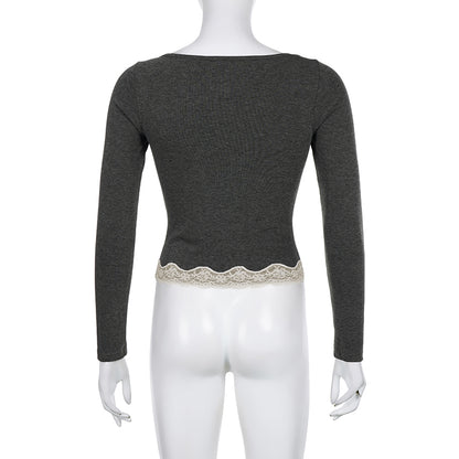 Grey Patchwork Square Neck Collar Long Sleeve Shirt