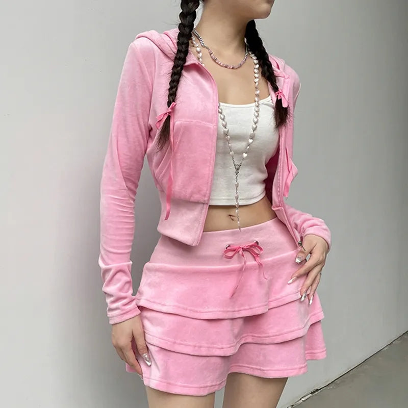 2PCS Pink Zipper Hoodie + Tiered Mini Skirt Set