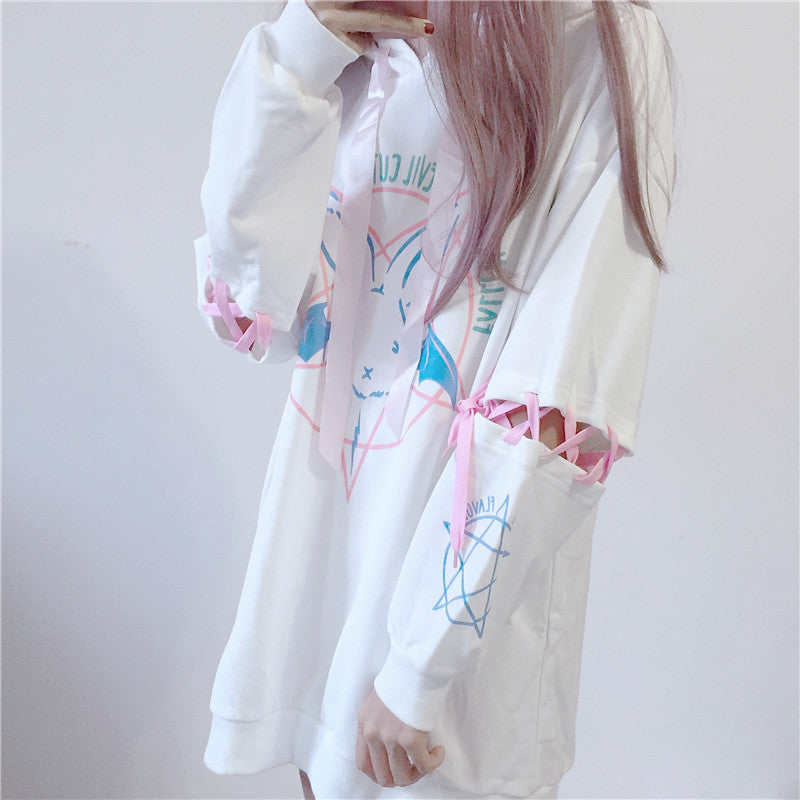 Cute Rabbit Evil Pentagon Lace Up Long Sleeve Hoodie Oversize Sweater Sweatshirt Pullover Jumper E-Girl Kawaii Korean Japanese Harajuku Streetwear