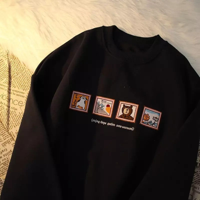 Cute Picture Frame Embroidery Velvet Thick Round Neck Sweatshirt Oversize Hoodie Pullover Sweater E-Girl Kawaii Korean Japanese Harajuku Streetwear