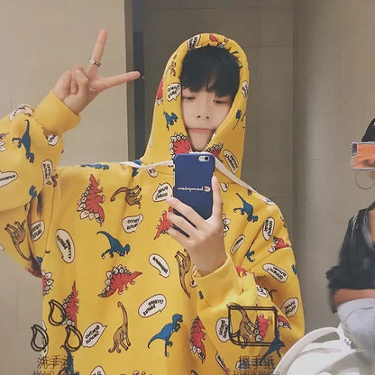 Funny Dinosaur Cartoon Print Vintage Baggy Oversized Loose Hoodie Pullover Sweater Sweatshirt Jumper E-Girl Kawaii Korean Japanese Harajuku Streetwear