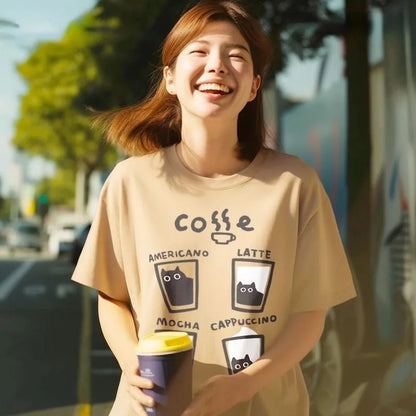 Cat Coffee Print Short Sleeve T-shirt