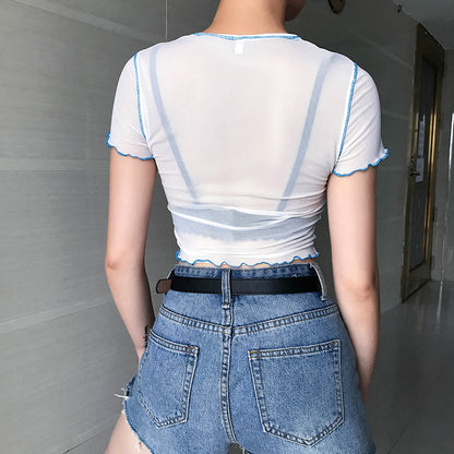 Cute Sexy Dragon Mesh Transparent See Through Crop Top Shirt Tee T-shirt E-Girl Kawaii Korean Japanese Harajuku Chinese Retro Streetwear Aesthetic