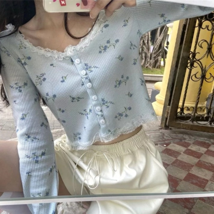 Sweet Floral Lace Chic Cardigan Patchwork Long Sleeve Shirt Crop Top Casual Summer E-Girl Kawaii Korean Japanese Harajuku